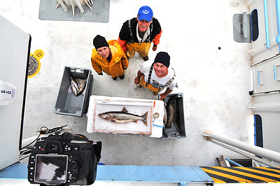 Researchers pose with a lake trout (Salvelinus namaycush) displayed for digital imaging. Side views of these fish are captured to identify different morphotypes (i.e., deep versus shallow water) and to study form-function relationships to help inform restoration efforts in the Laurentian Great Lakes. Credit&#58; Andrew Muir